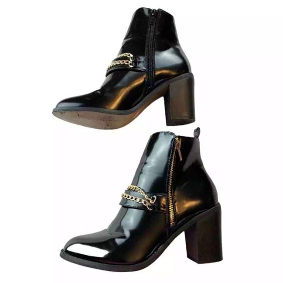 Koi Couture Womens Black Faux Patent Leather Chain Zip Ankle Boots Heeled Size 6 - Picture 4 of 7